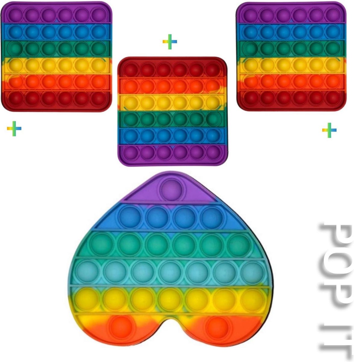 Pop It | Fidget toys | Pakket van 4 stuks | 3x Regenboog vierkant + Rainbow hartje | Speelgoed meisjes + jongens + volwassen | Pop It | Fidget toy